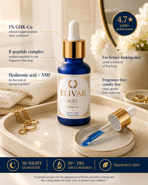 Elivae Bleu on a bright marble vanity with dropper and annotated benefits — firmer-looking skin, gentle from night one
