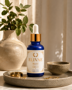 Elivae Bleu 30ml serum bottle on a stone tray