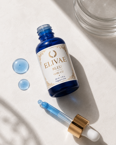 Elivae Bleu bottle with dropper and blue serum droplets