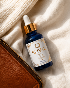 Elivae Bleu bottle with a leather travel pouch