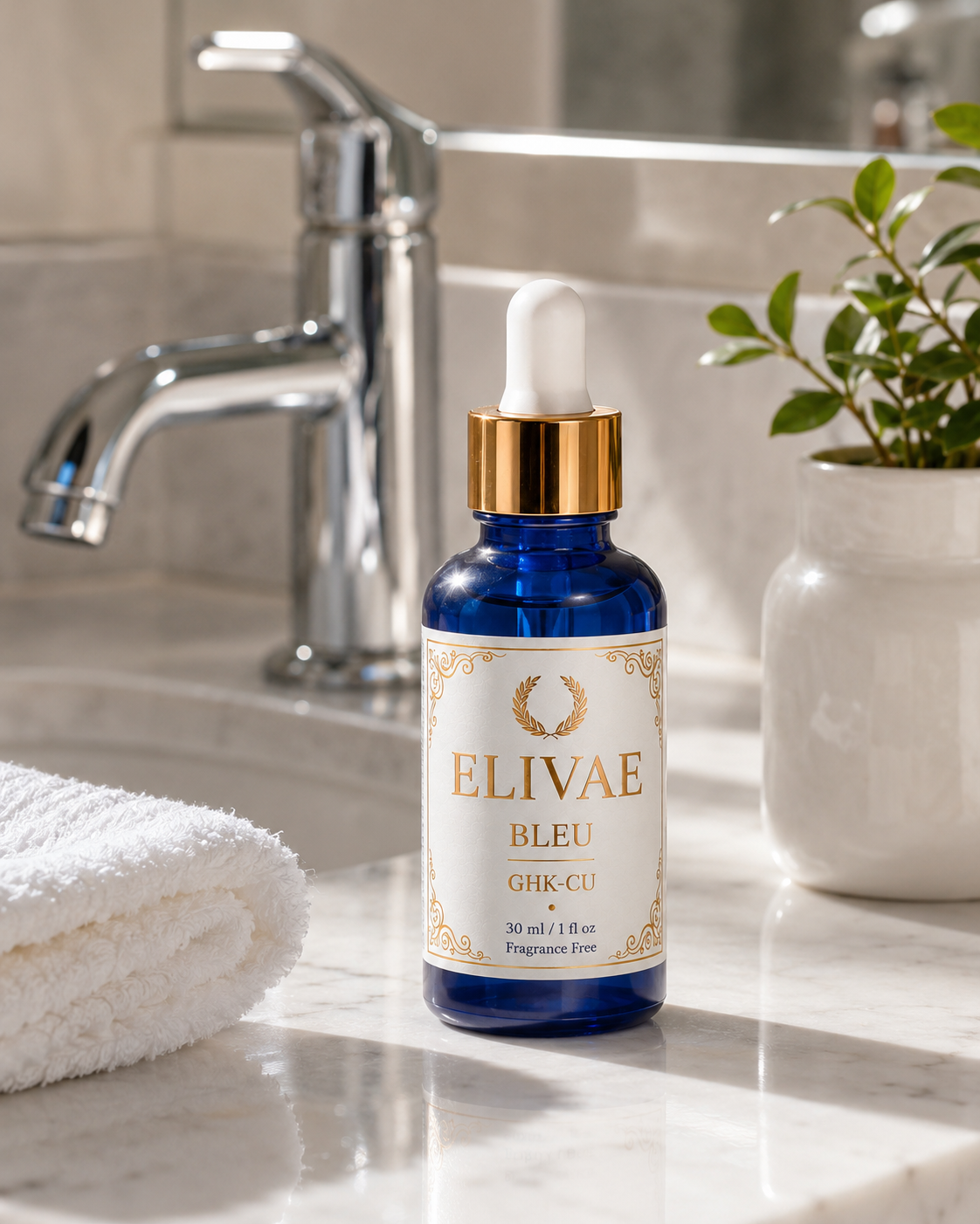 Elivae Bleu bottle on a marble bathroom vanity