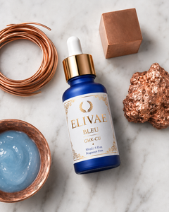 Elivae Bleu bottle with raw copper and blue serum