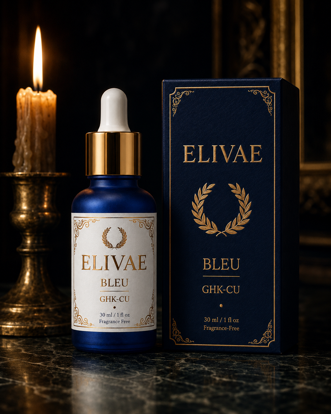 Elivae Bleu serum and carton by candlelight