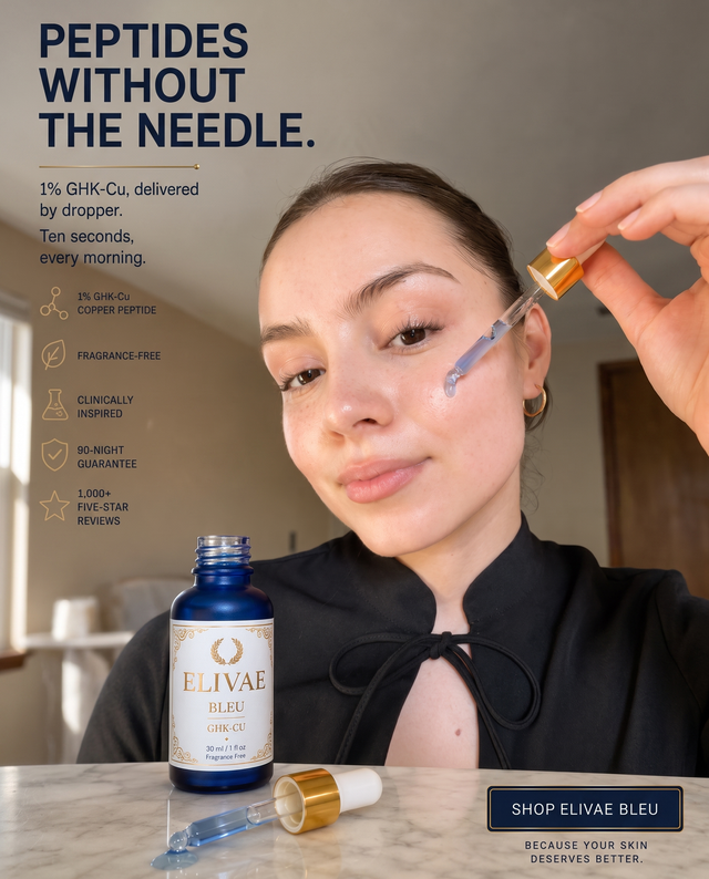 Peptides without the needle - 1% GHK-Cu delivered by dropper, applied to the cheek, beside the Elivae Bleu bottle