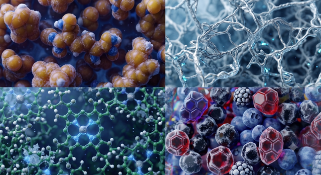 Four scientific views of the formula: peptide chains, a hydrated fibre network, a copper-bound molecular lattice and antioxidant compounds