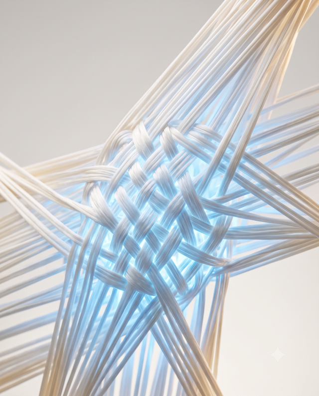 A woven lattice of pale fibres lit from within, like collagen scaffolding