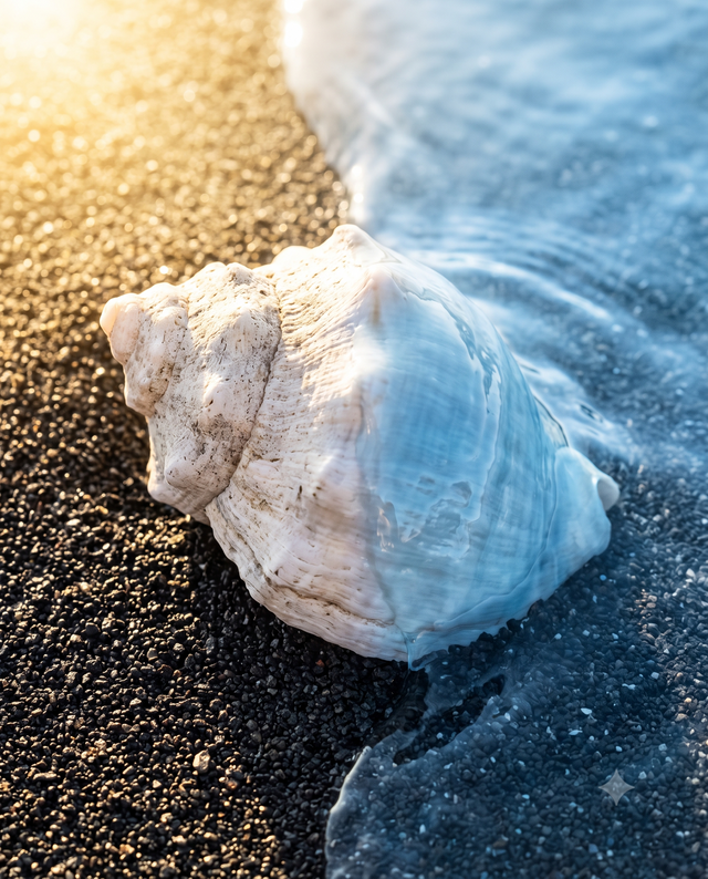 A sun-bleached conch shell at the waterline in low golden light