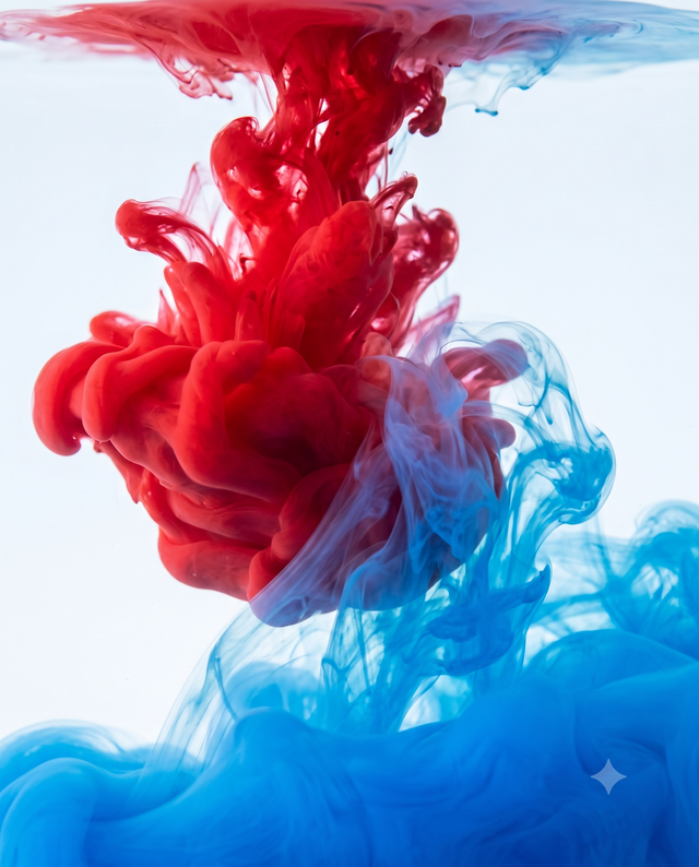 Red ink dispersing and cooling into blue water